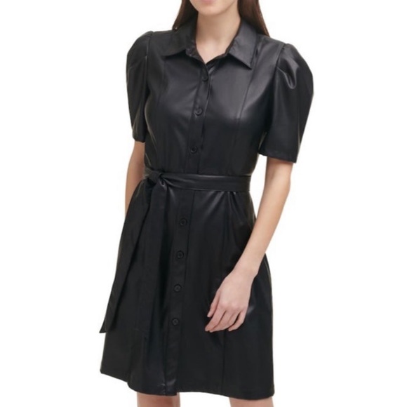 dkny faux leather dress Dkny Belted Long Sleeve Faux Leather Moto Minidress In Black